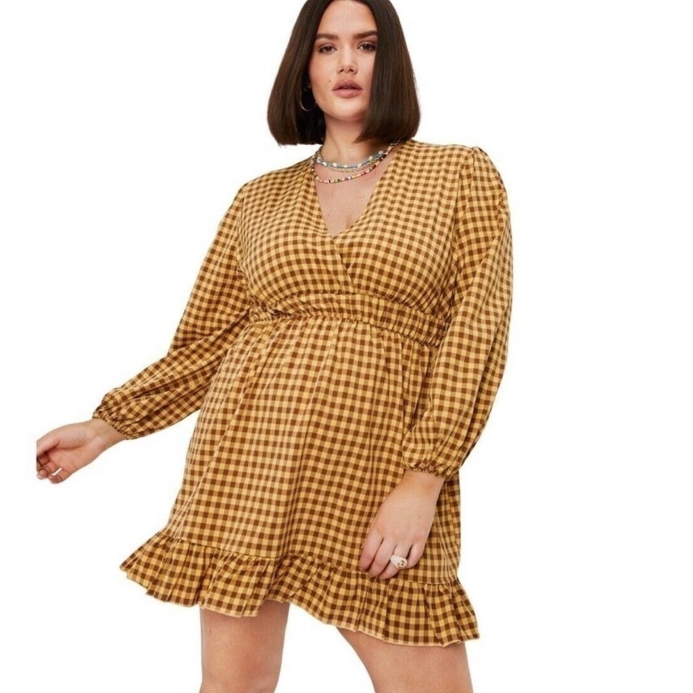 Nasty Gal Yellow Gingham Ruffle Hem Vneck Mini Dress Size 14